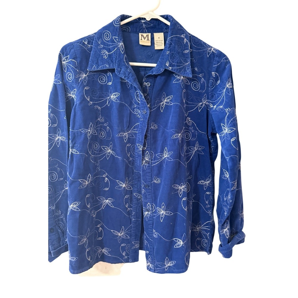 Mirage Vintage Blue Corduroy Embroidered Floral Button‎ Down Cottage M Cotton